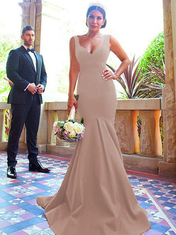 Mermaid V-neck Sleeveless Sweep/Brush Train With Ruffles Stretch Crepe Bridesmaid Dresses