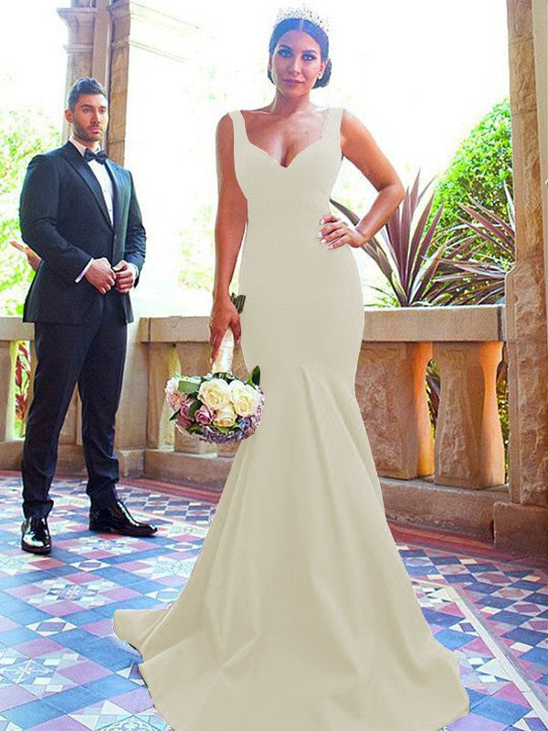 Mermaid V-neck Sleeveless Sweep/Brush Train With Ruffles Stretch Crepe Bridesmaid Dresses