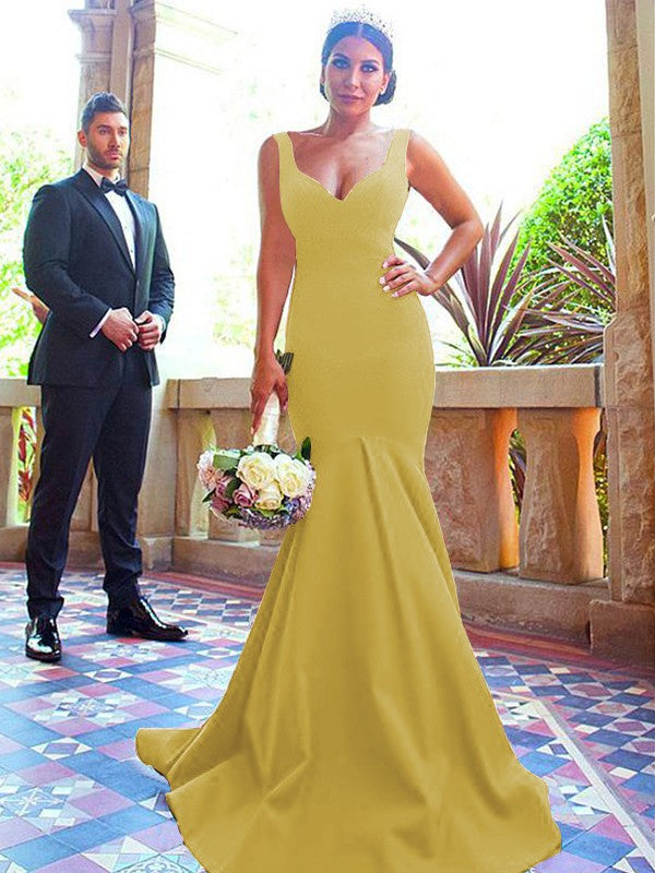 Mermaid V-neck Sleeveless Sweep/Brush Train With Ruffles Stretch Crepe Bridesmaid Dresses