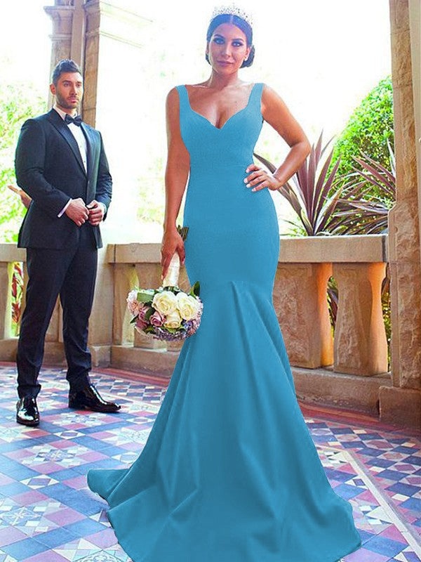 Mermaid V-neck Sleeveless Sweep/Brush Train With Ruffles Stretch Crepe Bridesmaid Dresses