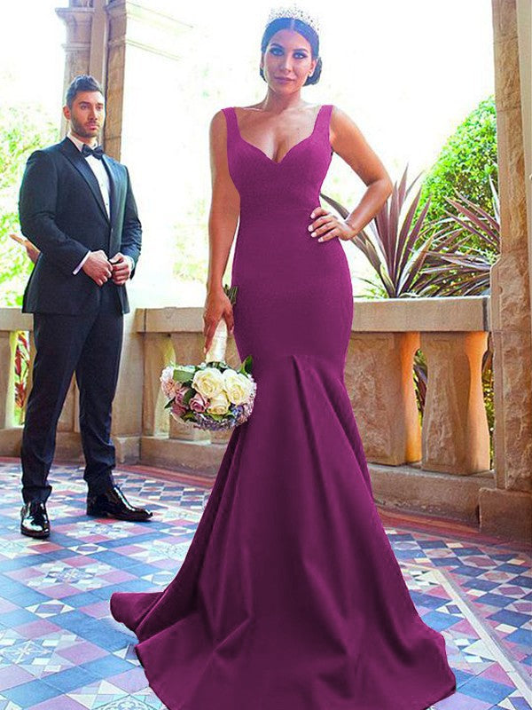 Mermaid V-neck Sleeveless Sweep/Brush Train With Ruffles Stretch Crepe Bridesmaid Dresses