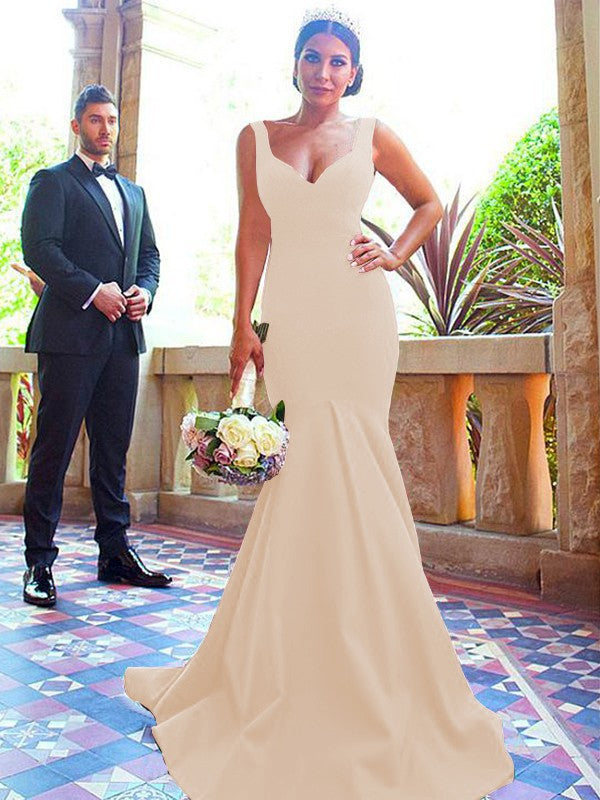 Mermaid V-neck Sleeveless Sweep/Brush Train With Ruffles Stretch Crepe Bridesmaid Dresses
