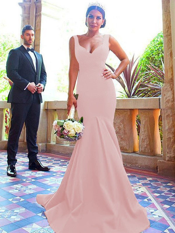 Mermaid V-neck Sleeveless Sweep/Brush Train With Ruffles Stretch Crepe Bridesmaid Dresses