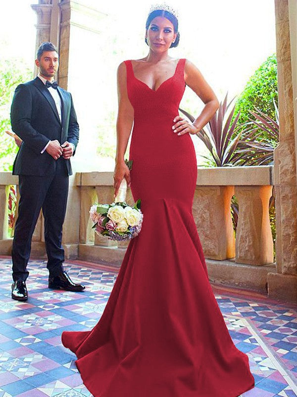 Mermaid V-neck Sleeveless Sweep/Brush Train With Ruffles Stretch Crepe Bridesmaid Dresses