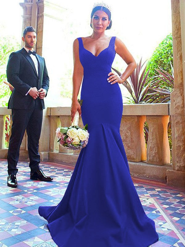 Mermaid V-neck Sleeveless Sweep/Brush Train With Ruffles Stretch Crepe Bridesmaid Dresses