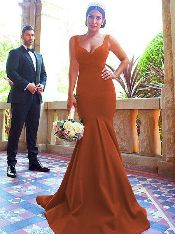 Mermaid V-neck Sleeveless Sweep/Brush Train With Ruffles Stretch Crepe Bridesmaid Dresses