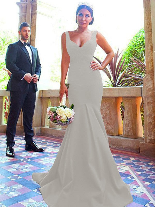 Mermaid V-neck Sleeveless Sweep/Brush Train With Ruffles Stretch Crepe Bridesmaid Dresses