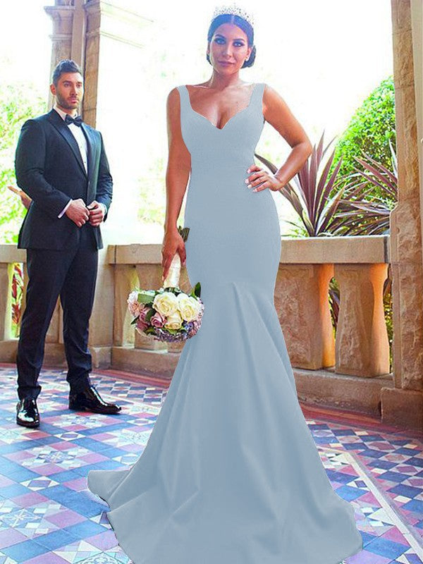 Mermaid V-neck Sleeveless Sweep/Brush Train With Ruffles Stretch Crepe Bridesmaid Dresses