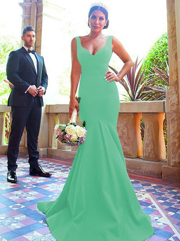 Mermaid V-neck Sleeveless Sweep/Brush Train With Ruffles Stretch Crepe Bridesmaid Dresses
