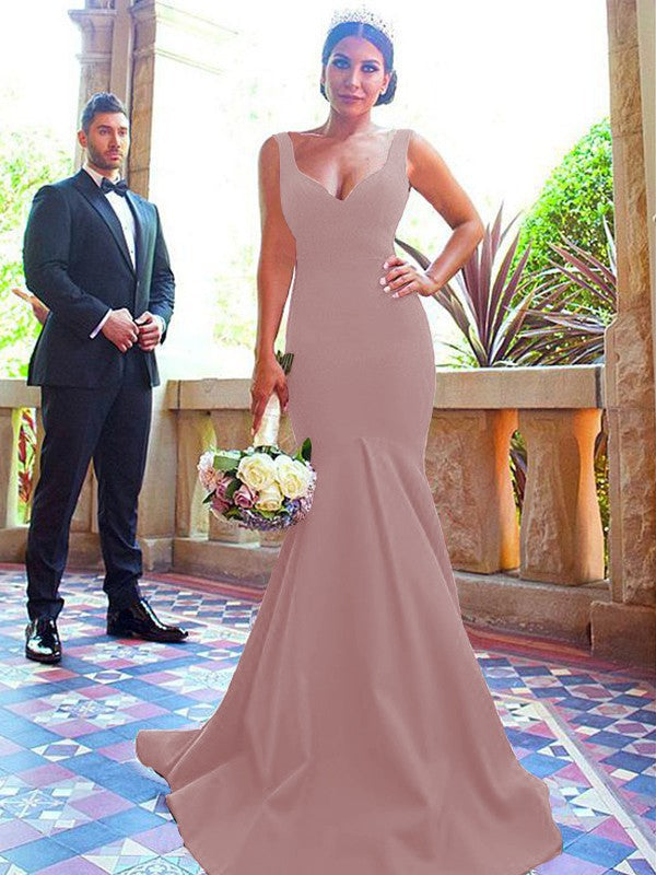 Mermaid V-neck Sleeveless Sweep/Brush Train With Ruffles Stretch Crepe Bridesmaid Dresses