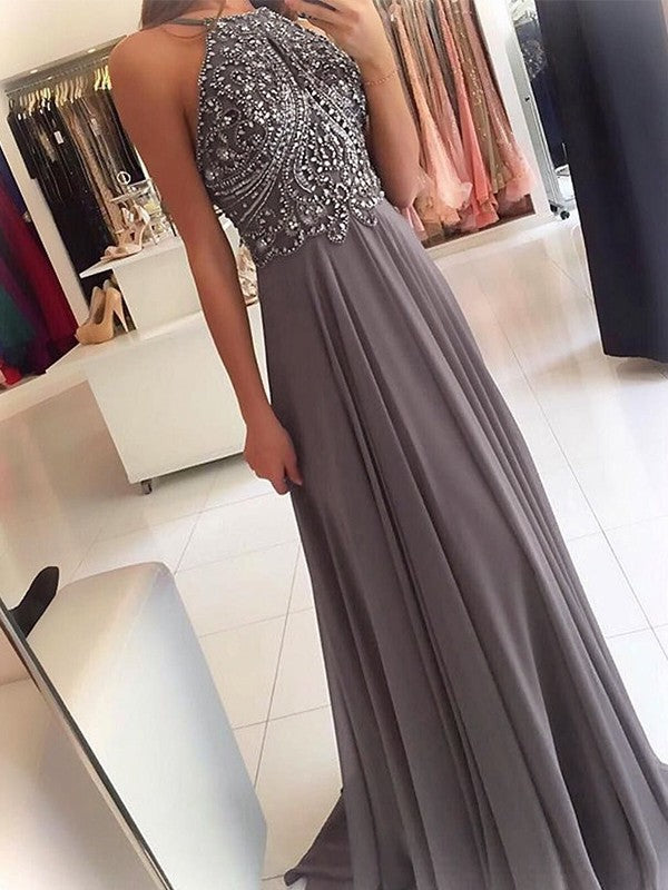 A-Line Chiffon Halter Sleeveless Floor-Length Train With Beading Prom Dress