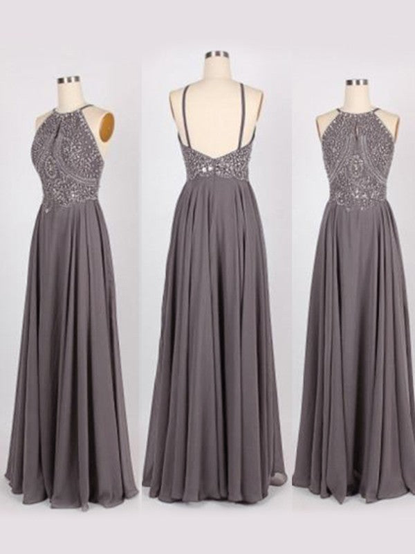 A-Line Chiffon Halter Sleeveless Floor-Length Train With Beading Prom Dress