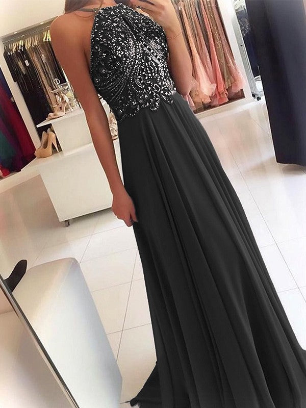 A-Line Chiffon Halter Sleeveless Floor-Length Train With Beading Prom Dress