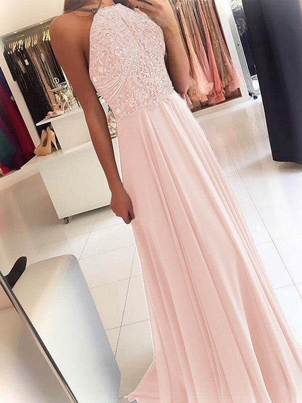 A-Line Chiffon Halter Sleeveless Floor-Length Train With Beading Prom Dress