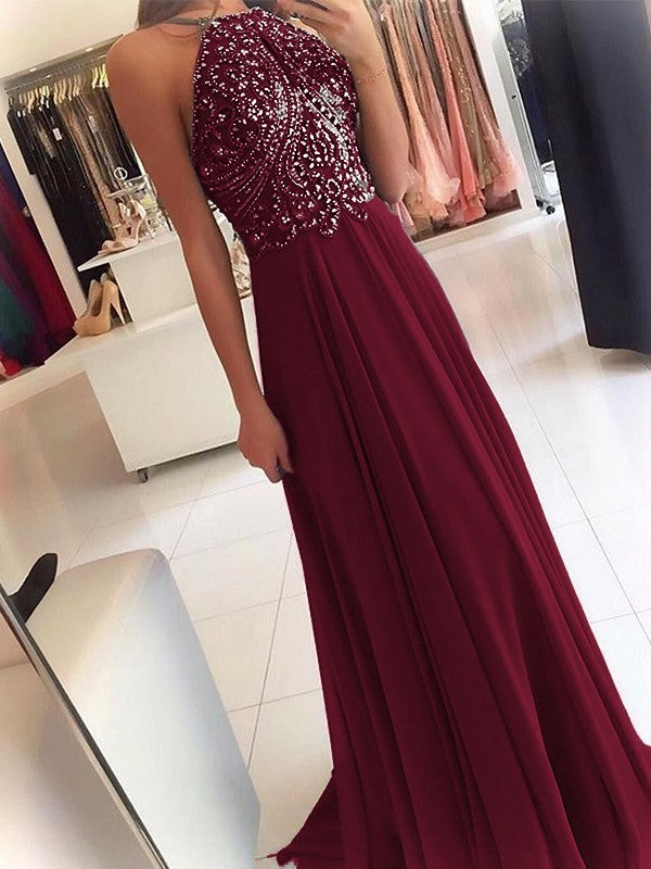 A-Line Chiffon Halter Sleeveless Floor-Length Train With Beading Prom Dress