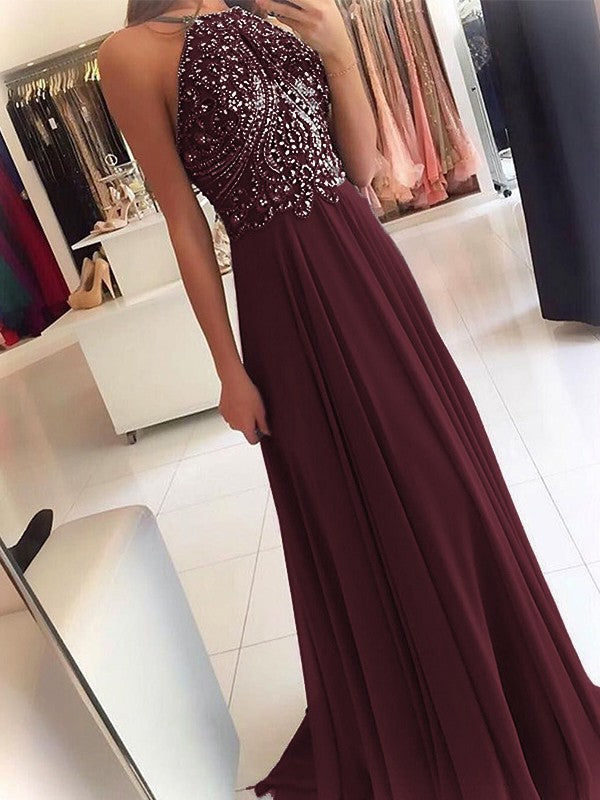 A-Line Chiffon Halter Sleeveless Floor-Length Train With Beading Prom Dress