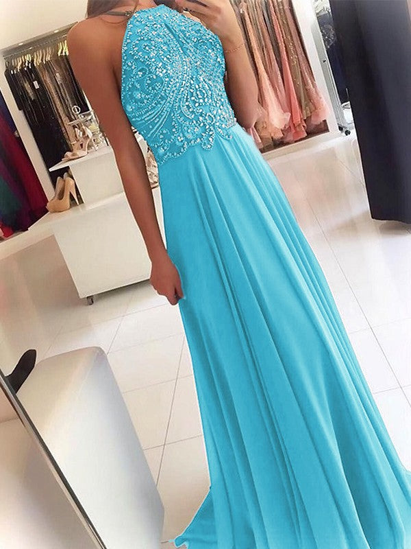 A-Line Chiffon Halter Sleeveless Floor-Length Train With Beading Prom Dress