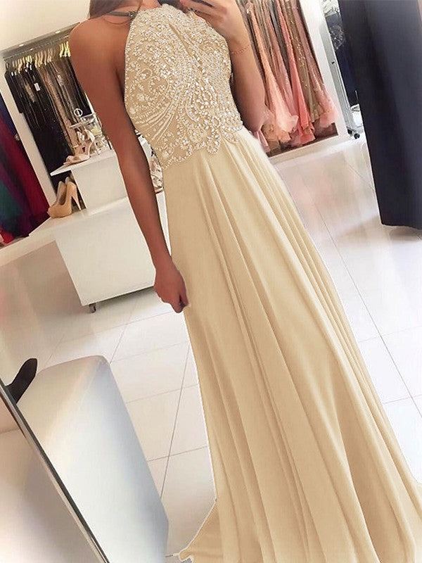 A-Line Chiffon Halter Sleeveless Floor-Length Train With Beading Prom Dress