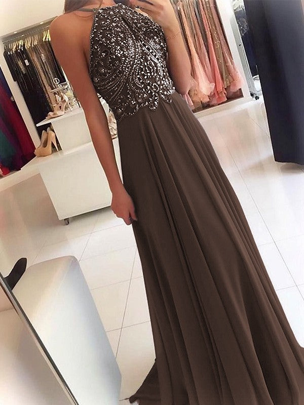 A-Line Chiffon Halter Sleeveless Floor-Length Train With Beading Prom Dress