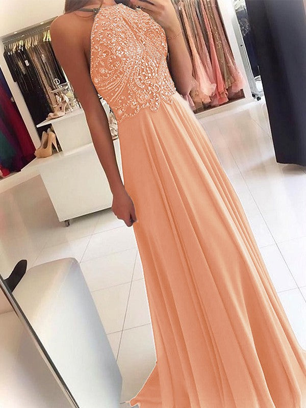 A-Line Chiffon Halter Sleeveless Floor-Length Train With Beading Prom Dress