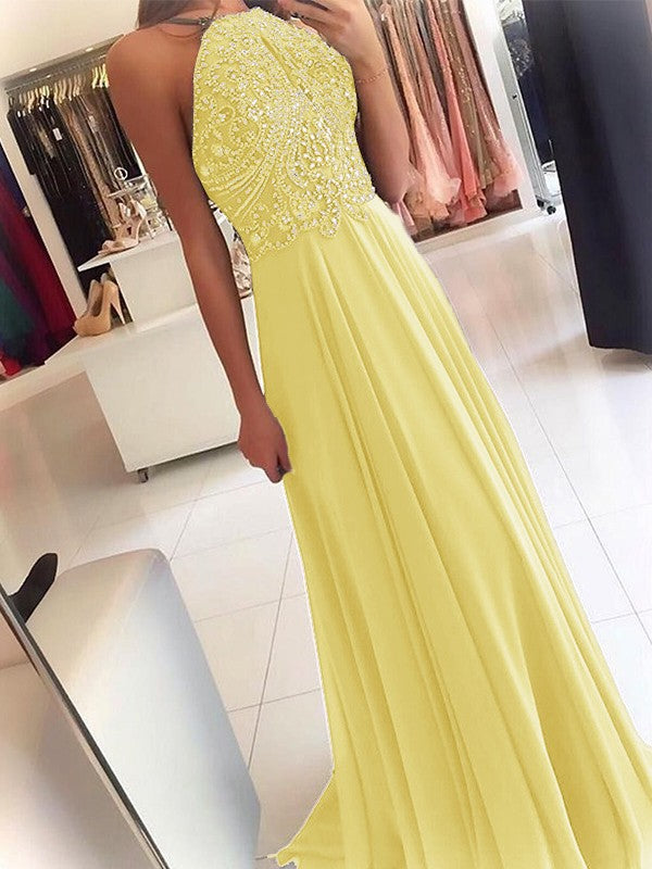 A-Line Chiffon Halter Sleeveless Floor-Length Train With Beading Prom Dress
