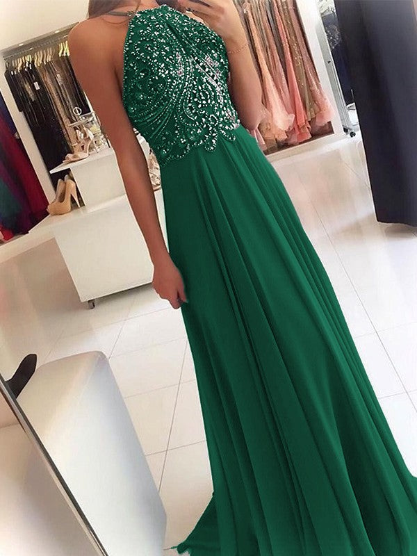 A-Line Chiffon Halter Sleeveless Floor-Length Train With Beading Prom Dress