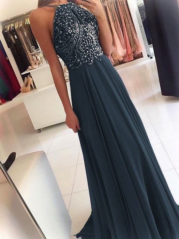 A-Line Chiffon Halter Sleeveless Floor-Length Train With Beading Prom Dress