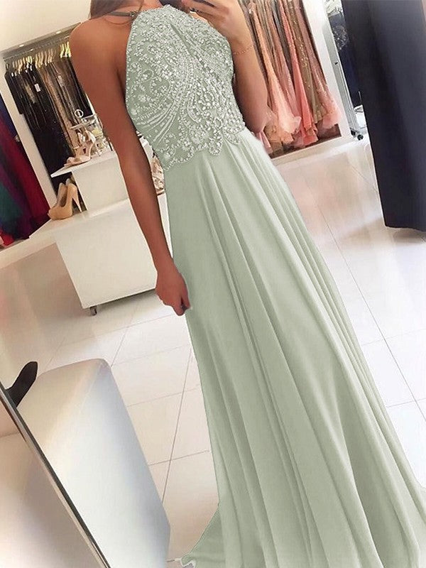 A-Line Chiffon Halter Sleeveless Floor-Length Train With Beading Prom Dress