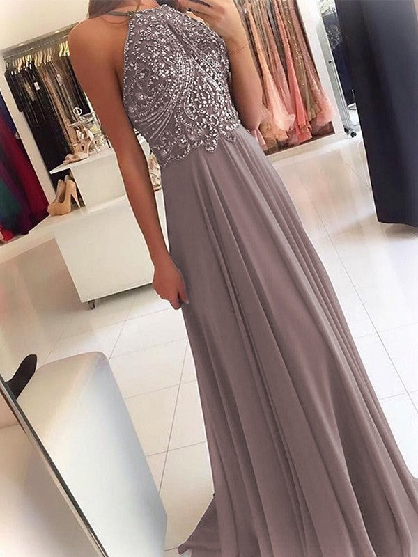 A-Line Chiffon Halter Sleeveless Floor-Length Train With Beading Prom Dress