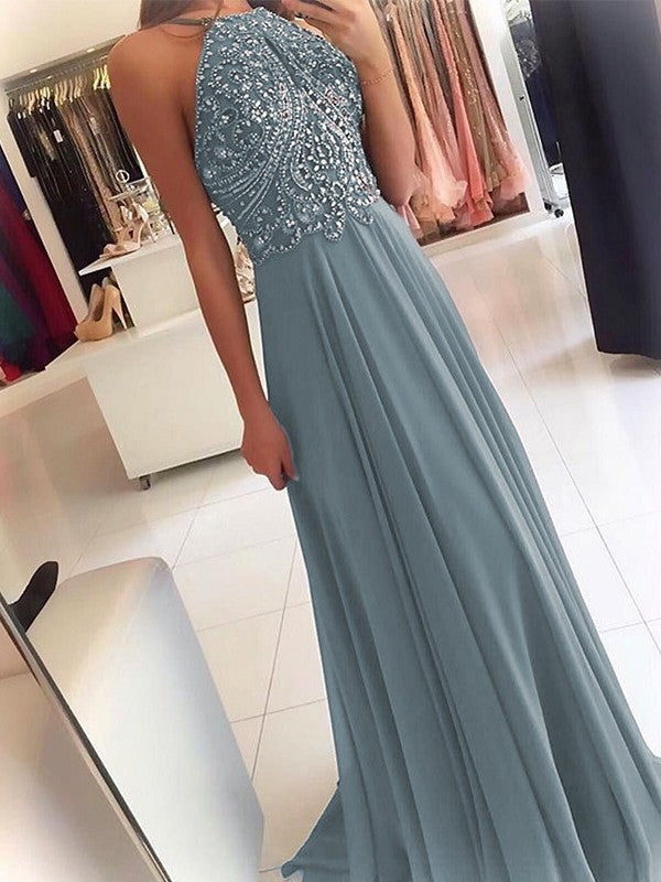 A-Line Chiffon Halter Sleeveless Floor-Length Train With Beading Prom Dress
