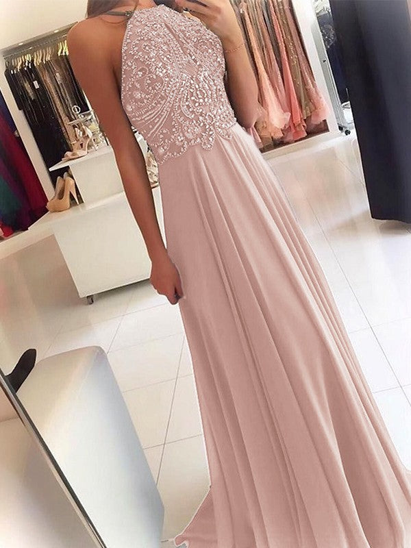 A-Line Chiffon Halter Sleeveless Floor-Length Train With Beading Prom Dress
