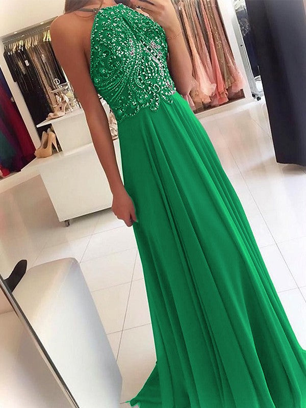 A-Line Chiffon Halter Sleeveless Floor-Length Train With Beading Prom Dress