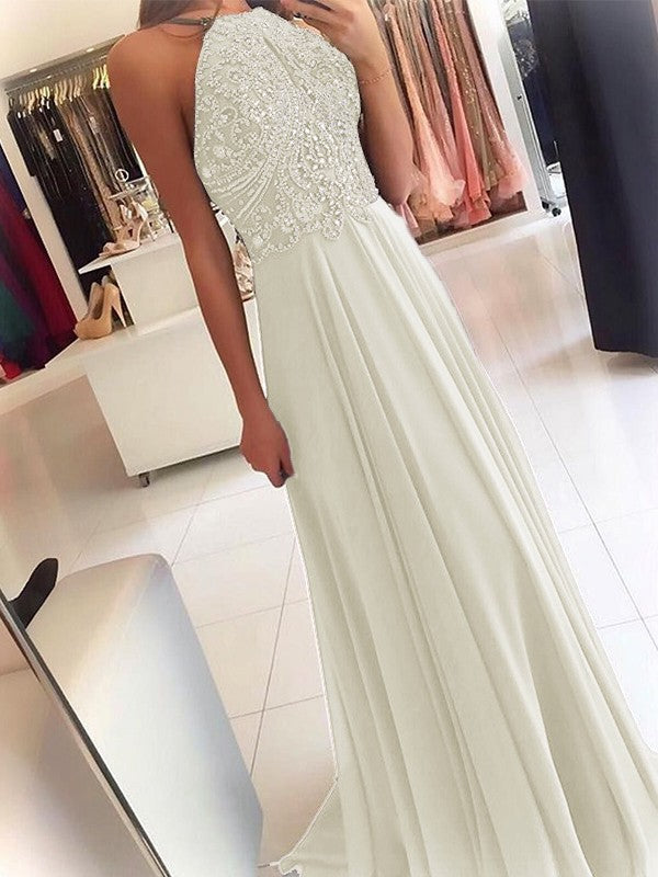 A-Line Chiffon Halter Sleeveless Floor-Length Train With Beading Prom Dress