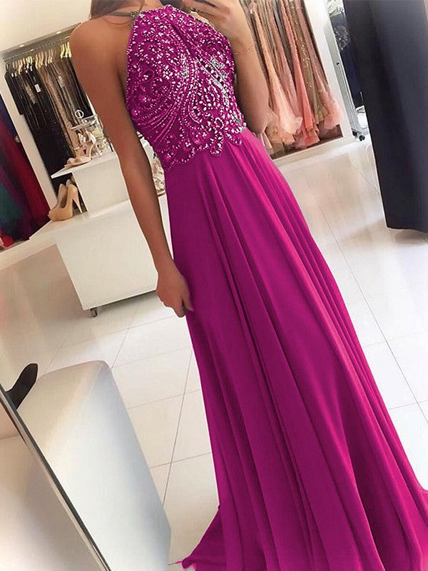 A-Line Chiffon Halter Sleeveless Floor-Length Train With Beading Prom Dress