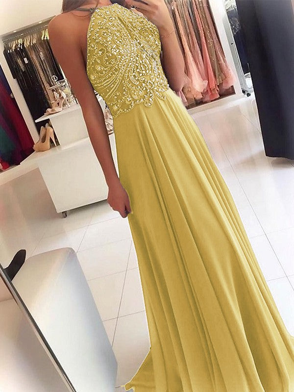 A-Line Chiffon Halter Sleeveless Floor-Length Train With Beading Prom Dress