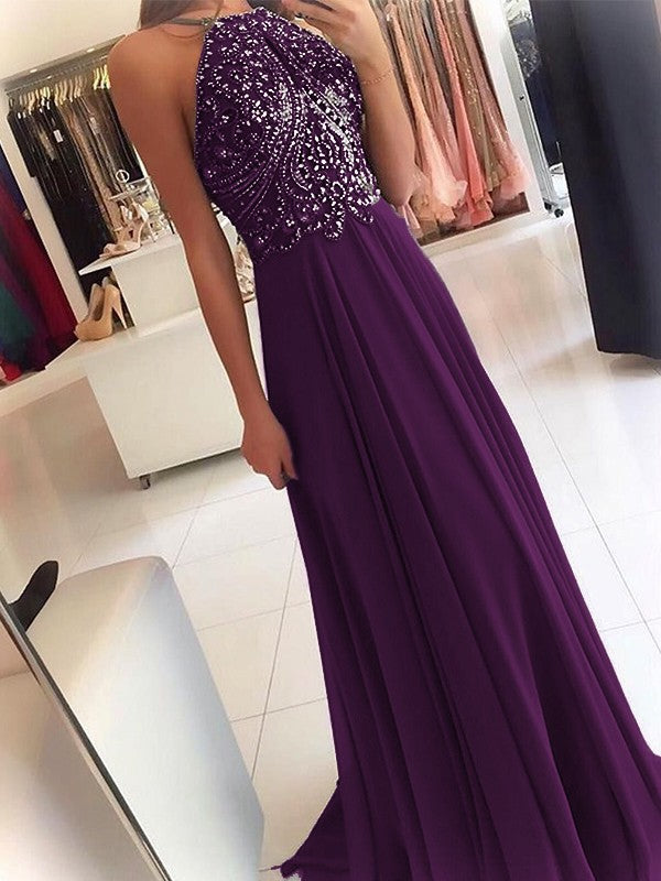 A-Line Chiffon Halter Sleeveless Floor-Length Train With Beading Prom Dress