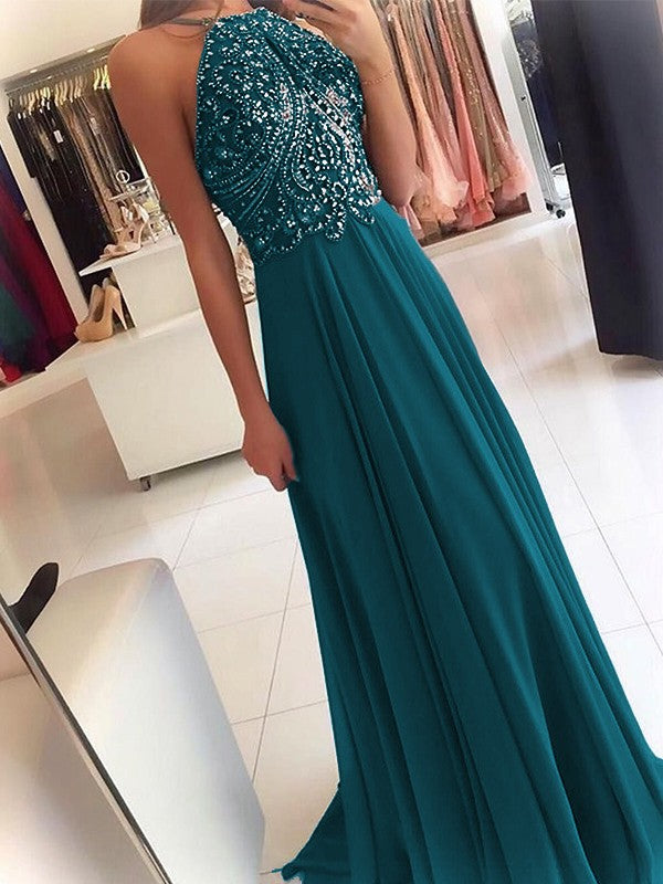 A-Line Chiffon Halter Sleeveless Floor-Length Train With Beading Prom Dress