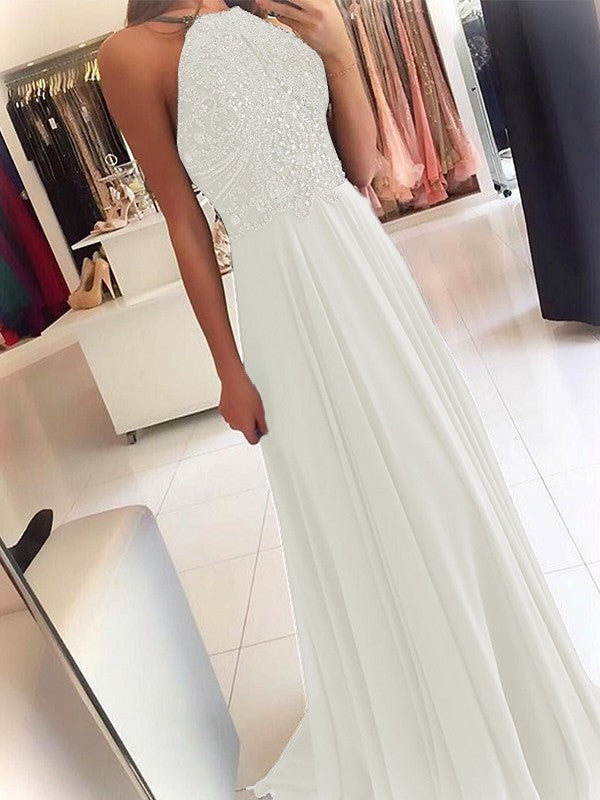 A-Line Chiffon Halter Sleeveless Floor-Length Train With Beading Prom Dress