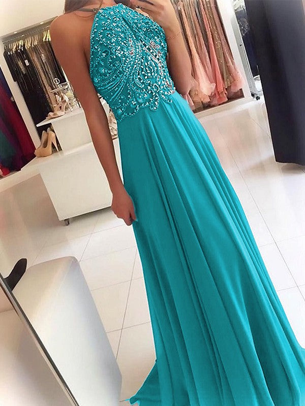A-Line Chiffon Halter Sleeveless Floor-Length Train With Beading Prom Dress