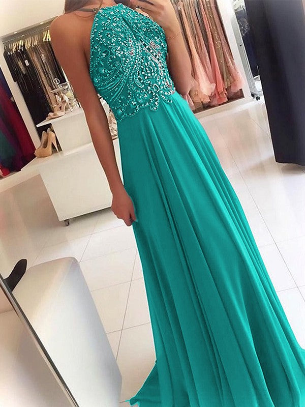 A-Line Chiffon Halter Sleeveless Floor-Length Train With Beading Prom Dress