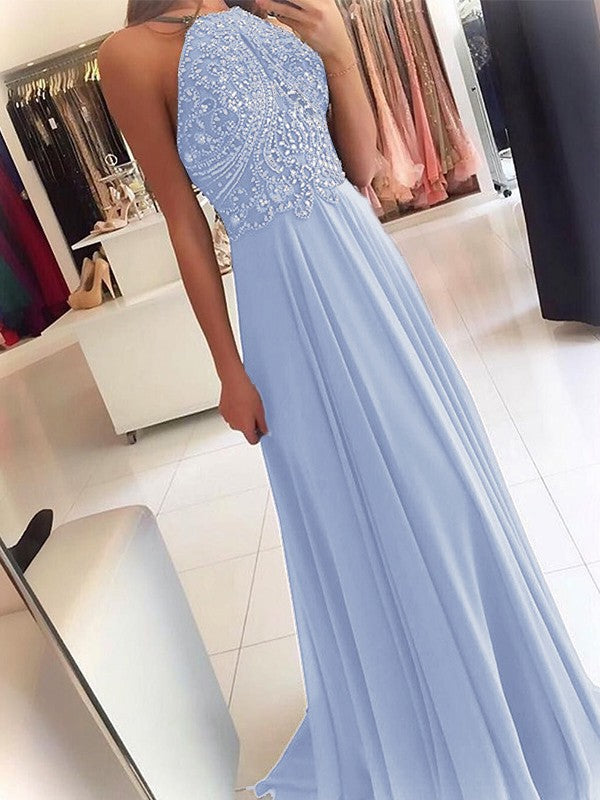 A-Line Chiffon Halter Sleeveless Floor-Length Train With Beading Prom Dress