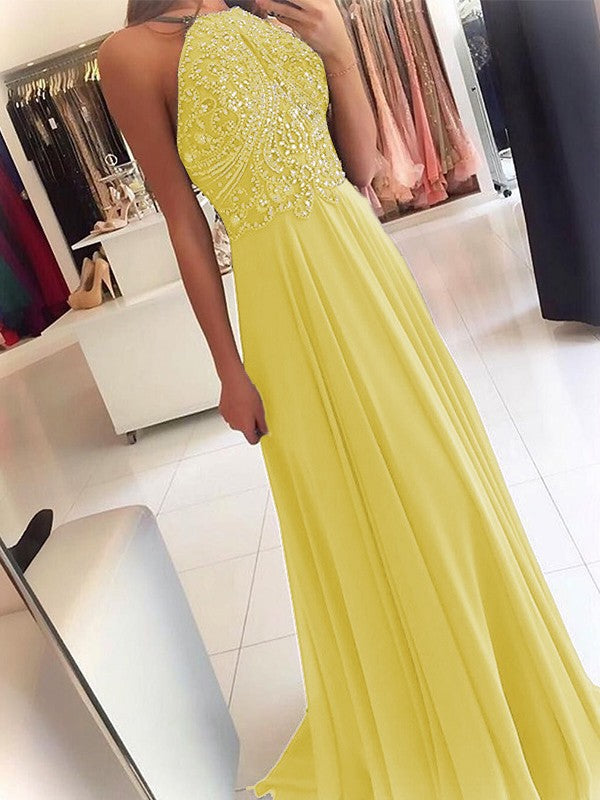 A-Line Chiffon Halter Sleeveless Floor-Length Train With Beading Prom Dress