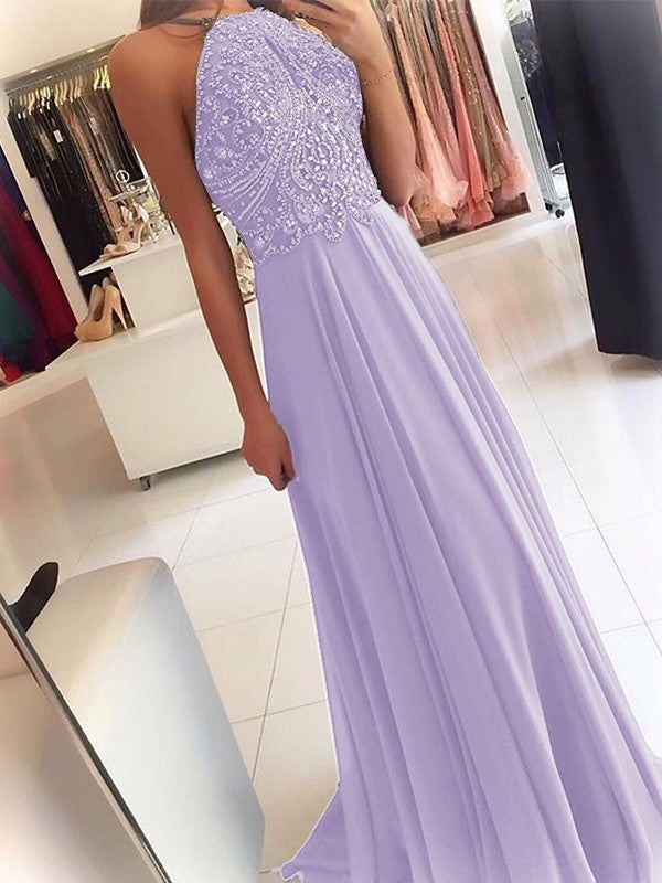 A-Line Chiffon Halter Sleeveless Floor-Length Train With Beading Prom Dress