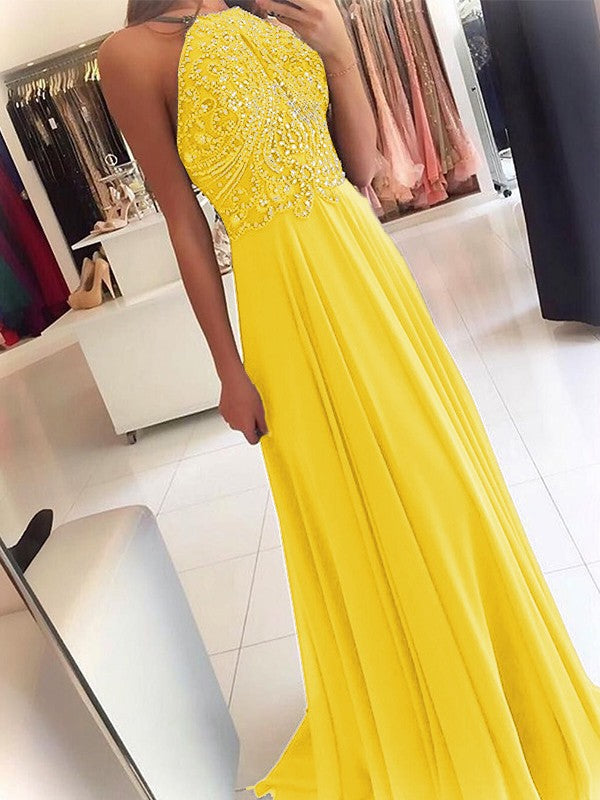 A-Line Chiffon Halter Sleeveless Floor-Length Train With Beading Prom Dress