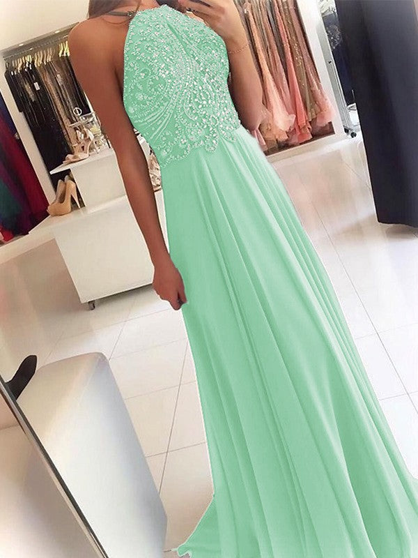 A-Line Chiffon Halter Sleeveless Floor-Length Train With Beading Prom Dress