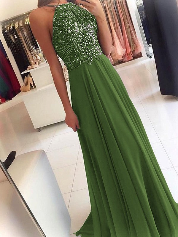 A-Line Chiffon Halter Sleeveless Floor-Length Train With Beading Prom Dress