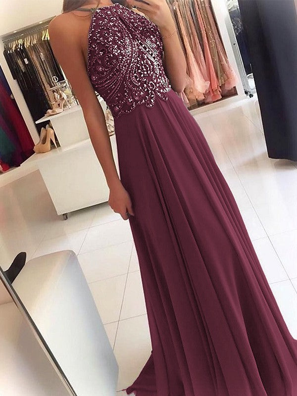 A-Line Chiffon Halter Sleeveless Floor-Length Train With Beading Prom Dress