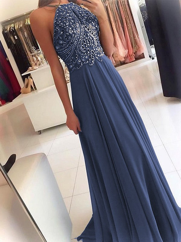 A-Line Chiffon Halter Sleeveless Floor-Length Train With Beading Prom Dress