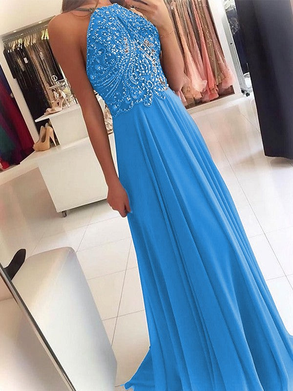 A-Line Chiffon Halter Sleeveless Floor-Length Train With Beading Prom Dress