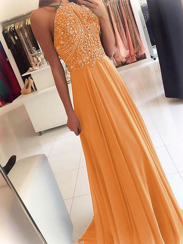 A-Line Chiffon Halter Sleeveless Floor-Length Train With Beading Prom Dress